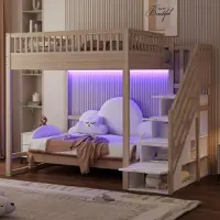 Flieks etagesbed 140x200 cm met opbergruimte in de trap, kinderbed/tweepersoonsbed met zijkanten en valbeveiliging, hoogslaper met houten frame en lattenbodem, in natuurlijke staat