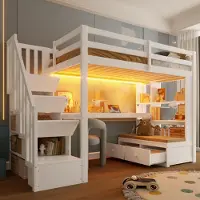 Flieks etagebed van 90x200 cm met bureau en plank, kinderbed met één slaapplek, voorzien van een bedlade en een functie om het bed te verlagen, hoogslaper met valbeveiliging, wit