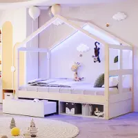 STILVORA Huisbed 90x190 cm – Eenpersoonsbed Met Ledverlichting – Bed Met Lade & Schoenenkast – Voor Kinderkamer – Houtlook – Zonder matras – Naturel Hout