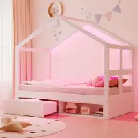 STILVORA enkel bed, 90x190 cm, met lade en kleine schoenenkast. Jugendbed met meerkleurige LED-verlichting en lattenbodem. Houten bed met opbergruimte en een stevige constructie, wit