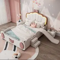 STILVORA Kinderbed 140x200, tienerbed met vlinder hoofdeinde, glijbaan, trap, LED-verlichting, Polyurethanbekleding, zonder matras, roze + wit