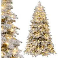 Costway Kunstkerstboom 180 cm met sneeuw, kerstboom met 130 ballen, warmwitte LED-verlichting, 8 lichtmodi en voet, kerstboom voor Kerstmis