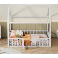 STILVORA Kinderbed 140x200 cm, laag bed met creatief huisvormig bedframe, inclusief een veiligheidshekje, eenvoudig te installeren