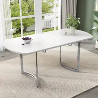 MODFU Eettafel, uitschuifbaar, 140/180*80 cm, zilverkleurige metalen poten, multifunctionele tafel voor vrije tijd, geschikt voor 4-6 personen, wit met zilverkleurige poten