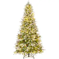 Costway Kunstkerstboom, 225 cm, met sneeuw, 470 warmwitte LED's en 81 dennenappels, kerstboom, kunstboom voor kerst