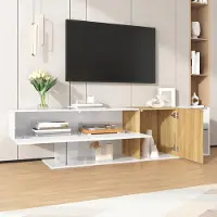 MODFU TV-meubel, modern lowboard met een houten uitstraling en glazen planken, tv-tafel met opbergruimte en een glanzend oppervlak, naturel + wit