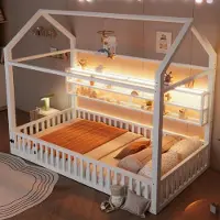 STILVORA Huisbed 90x200 cm – Kinderbed Met Veiligheidshek – Met Led Verlichting Met 7 Kleuren – Stevig Metalen Bedframe – Zonder matras – Wit