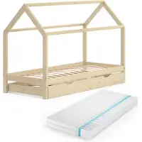 VitaliSpa Wiki Huisbed – 90x200 cm met logeerbed en matras Natuurlijk hout