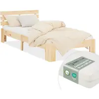 Homestyle4u Eenpersoonsbed - 90x200 cm - Houten bed - met matras en lattenbodem - Natuur