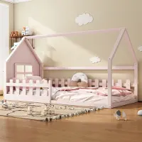 Flieks kinderbed, huisbed model, 90x200 cm, met lattenbodem, grondbed, eenpersoonsbed met valbeveiliging, houten bed, speelbed voor kinderkamer, roze