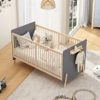 OKWISH Babybed 70x140 cm - Verstelbaar Ledikant Met Zijwand en Opbergrek - Zonder Matras - Massief Hout - Blauw
