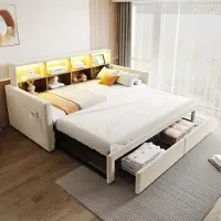 STILVORA Gestoffeerd Bed 90 x 190 cm – Uitschuifbaar Tot 180 cm – Hoofdbord Met Opbergvakken, Ledverlichting & Oplaadpoorten – 2 Lades – Zonder matras – Beige