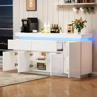 STILVORA Dressoir - Hoogglans Opbergkast Met Ledverlichting En 2 Lades - Met 4 Deuren Voor Woonkamer - Spaanplaat - Wit - 140x35x72,5 Cm