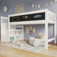 Sweiko kinderbed, hoogslaper met whiteboard en tafel, opbergruimte en valbeveiliging, 90 x 200 cm, wit. Hoogslaper voor kinderen – lattenbodem, wit (zonder matras)