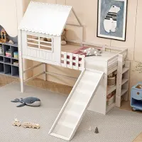 STILVORA hoogslaper 90x200 met veiligheidsglijbaan, kinderbed met opbergvakken en een dakconstructie, bedframe met veiligheidsladder, zonder matras, wit