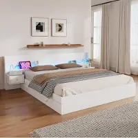 Sweiko tweepersoonsbed 180x200 cm, tweepersoonsbed, houten bed, jeugdbed, met USB-aansluiting, LED-verlichting en stopcontact, bedienbaar via mobiele app, 2 nachtkastjes, met lade, zonder matras, wit