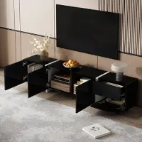 STILVORA TV-kast met LED-verlichting, TV-meubel met klapdeuren en lade, TV-kast met 3 deuren en kabeldoorvoer, zwart
