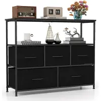 Costway Kommode met 5 stoffen lades en planken, ladekast met houten blad en metalen frame, opbergkast, 100 x 30 x 80 cm, zwart