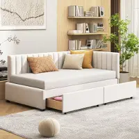 OKWISH uitschuifbare slaapbank, 90 x 200 cm, met 2 grote opbergladen en een lattenbodem, fluweel, beige kleur