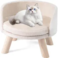 Costway Kattenbank, verhoogd kattenbed, kattenbank met rond kussen, rugleuning en houten poten, kattenstoel, huisdiersofa, zacht, 42x42x33 cm, beige
