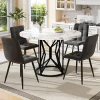 OKWISH Eettafel, Eetset (5-delige set), Ronde eettafel met 4 stoelen, Keukenaccessoires, Fluweel stoelen, Wit + Grijs + Zwart