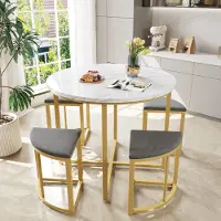 OKWISH Eetset voor 4 personen (5-delig), Eettafel met 4 stoelen, Ronde eettafel met vergulde ijzeren poten en fluwelen stoelen, geschikt voor thuis, slaapkamer, grijs