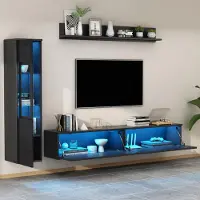 STILVORA Wandmeubelset - Hoogglans Front Met Ledverlichting - Voor Woonkamer Met Tv Tot 80 Inch - Spaanplaat - 180x33x30 Cm - Zwart