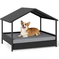 Costway Hondenbed voor buiten, verhoogd hondenbed van riet met afneembaar kussen en zonnescherm, weerbestendig, geschikt voor honden tot 60 kg, 98x69x74 cm, grijs