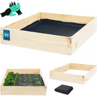 KOTARBAU Moestuinbak, Verhoogd Tuinbed, Vurenhout, 120 x 120 x 18 cm, Natuurlijk, Plantenbed, met Vlies en Handschoenen met Klauwen, Groentebed, Bloembak Hout Buiten