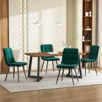 Sweiko Eetset (5-delig), Eettafel met 4 stoelen, Moderne keukenmeubelset, Keukentafel met houtnerf en zwarte metalen poten, MDF tafelblad in walnootkleur, Donkergroene fluwelen eetkamerstoelen