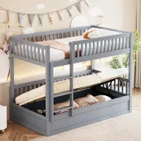 OKWISH Kinderbed 90x200, tweepersoonsbed, stapelbed met hydraulisch opbergsysteem, houten bed met ladders en veiligheidshekken, zonder matras, grijs