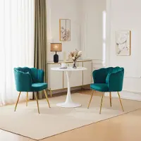 Merax gestoffeerde fauteuil met decoratief kussen (2 stuks), eetkamerstoel/woonkamerschair van fluweel met een rugleuning in bloemvorm en vergulde metalen poten