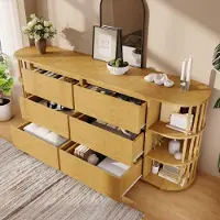 OKWISH kommode in Romeinse stijl, keukenkast met bamboepoten en planken, extra keukenkast met 6 lades en open planken, buffetkast met in hoogte verstelbare poten, eikenhout