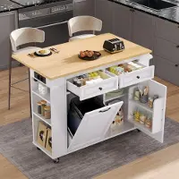 STILVORA Keukeneiland met wielen. Keukenmeubel met afvalbak en handdoekhouder. Keukenwagen met stekkerdozen. Ideaal voor keuken en eetkamer, wit