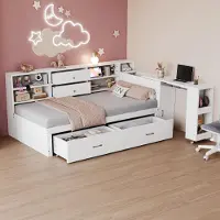 STILVORA houten slaapbank 90x200 cm met multifunctionele opbergruimte en uitschuifbaar bureau, eenpersoonsbed met 2 lades en een stopcontact, eenpersoonsbed met planken, inclusief matras, wit