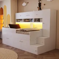 Merax kinderbed 90x200 cm met kledingkast en opbergrek, houten bed met LED-verlichting en veiligheidsreling, tienerbed met houten bedframe, wit