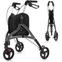 Costway rolstoel, smal model voor gebruik binnenshuis, driewieler, opvouwbaar en lichtgewicht, loophulpmiddel met 6-voudige hoogteverstelling, inklapbare loophulp met tas en rem, aluminium frame