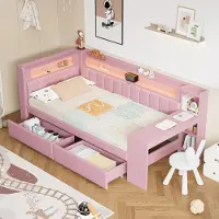 STILVORA Gestoffeerd Daybed Eenpersoonsbed 90x200 cm – LED & USB – Ingebouwde Werkplek met 2 Laden – MDF; Multiplex – Roze – Zonder Matras