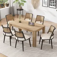 MODFU Eetkamerstoel, Beklede bedbank (6 stuks) met houten poten, Zitstoel, Keukenstoel met rieten rugleuning, Tafel, Eetkamerstoel, Keukenstoel voor de woonkamer, Zwart