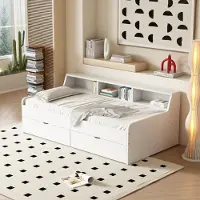 OKWISH Uitschuifbaar bed 90*200 cm met twee lades en 3 opbergruimtes, wit