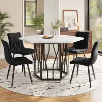 STILVORA Eettafelset (5-delig) met 4 stoelen, keukenmeubelset met een zeshoekige eettafel en zwarte metalen poten, eethoekset met eetkamerstoelen van fluweel, zwart