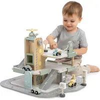 Mamabrum Houten garage - - 3 verdiepingen - Multifunctioneel speelgoed - Inclusief accessoires - 4 auto's en een helikopter