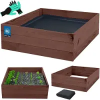 KOTARBAU Moestuinbak, Verhoogd Tuinbed, Geïmpregneerd Hout, 120 x 120 x 27 cm, Bruin, Plantenbed, met Vlies en Handschoenen met Klauwen, Groentebed, Bloembak Hout Buiten