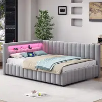 MODFU Uitschuifbaar bed voor overdag, 140x200 cm, met LED-verlichting en USB-oplaadpoort. Beklede dagbed met rugleuning. Kinderbed, tienerbed, lichtgrijs (zonder matras)
