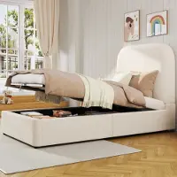 MODFU Eenpersoonsbed 90x200, functioneel bed met een gesloten hoofdeinde zonder openingen, kinderbed met lattenbodem, bedframe zonder matras met bekleed hoofdeinde, beige