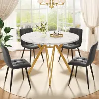 Flieks eethoek, 5-delig, eettafel met 4 stoelen van linnen, ronde tafel 100x100x76 cm, moderne eethoekset, goud + grijs
