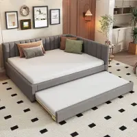 OKWISH Beklede bed 140x200 met matras, uitschuifbed met extra bed, kinderbed met lattenbodem, grijs