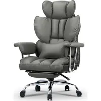 Bigzzia Kantoel met voetsteun - Ergonomische bureaustoel met lendensteun - Grote, comfortabele kantoel van Polyurethanleer met hoge rugleuning - Grijs