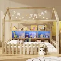 Flieks kinderbed, huisbed, 90x190 cm, met spijlen, vloerbed met open opbergvakken, kinderbed, houten bed met valbeveiliging, in natuurlijke staat