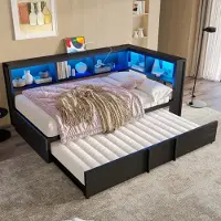 OKWISH Dagbed van 90x200 cm met LED-verlichting, een uitschuifbaar bed, USB-poorten en opbergkasten, een eenpersoonsbed met hoofdeinde, zwart, zonder matras